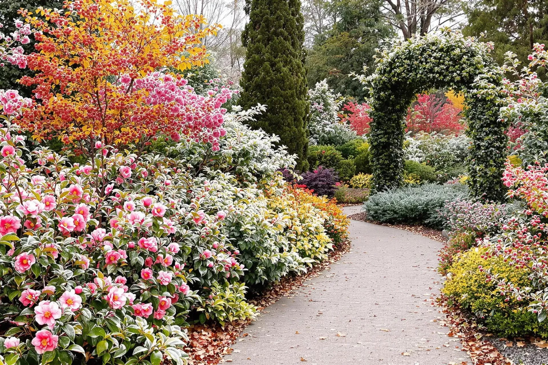 Une allée de jardin aménagée avec des arbustes fleuris et colorés en hiver