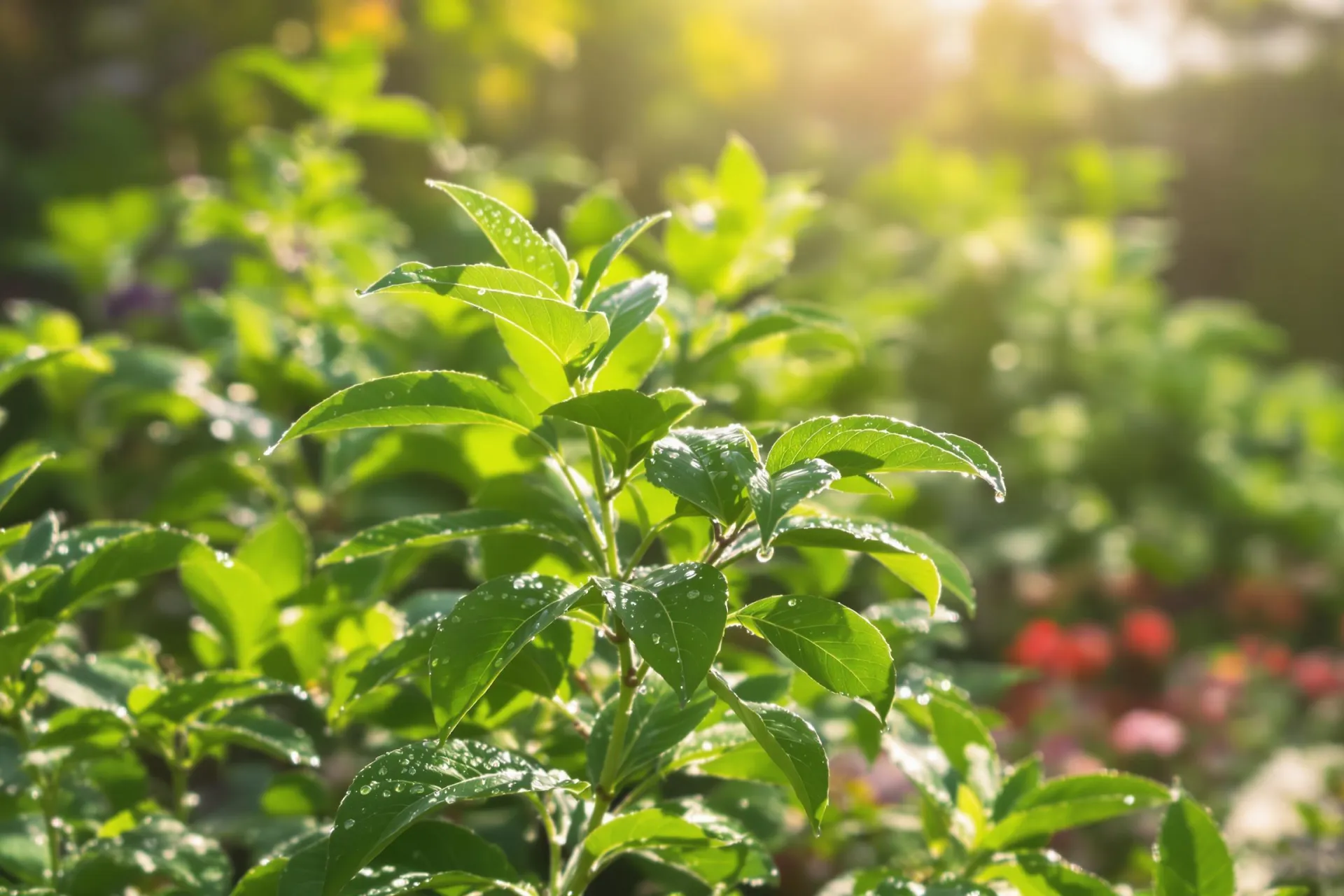 Une plante de citronnelle en gros plan avec des feuilles brillantes de rosée.