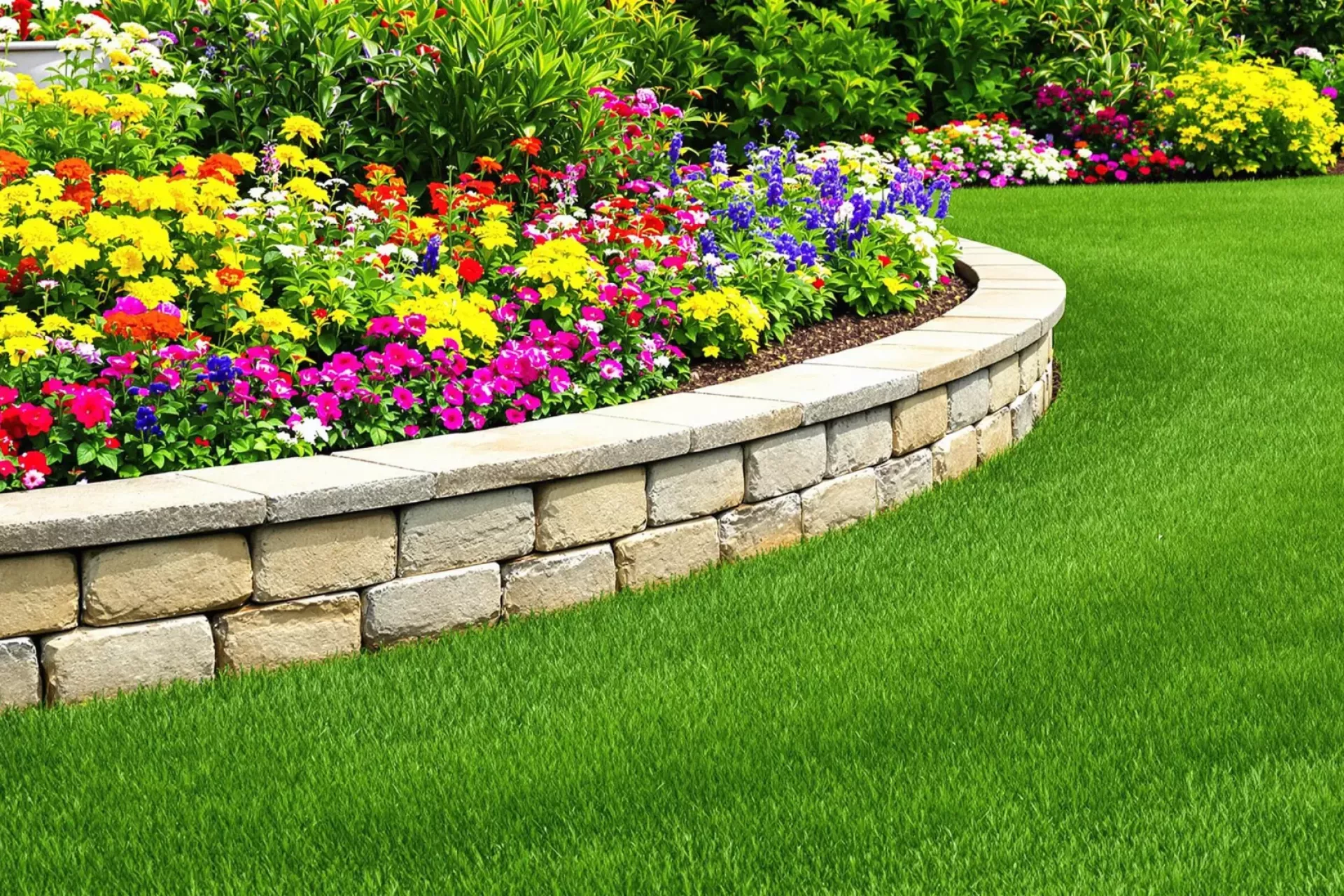 Jardin fleuri avec une bordure en pierre