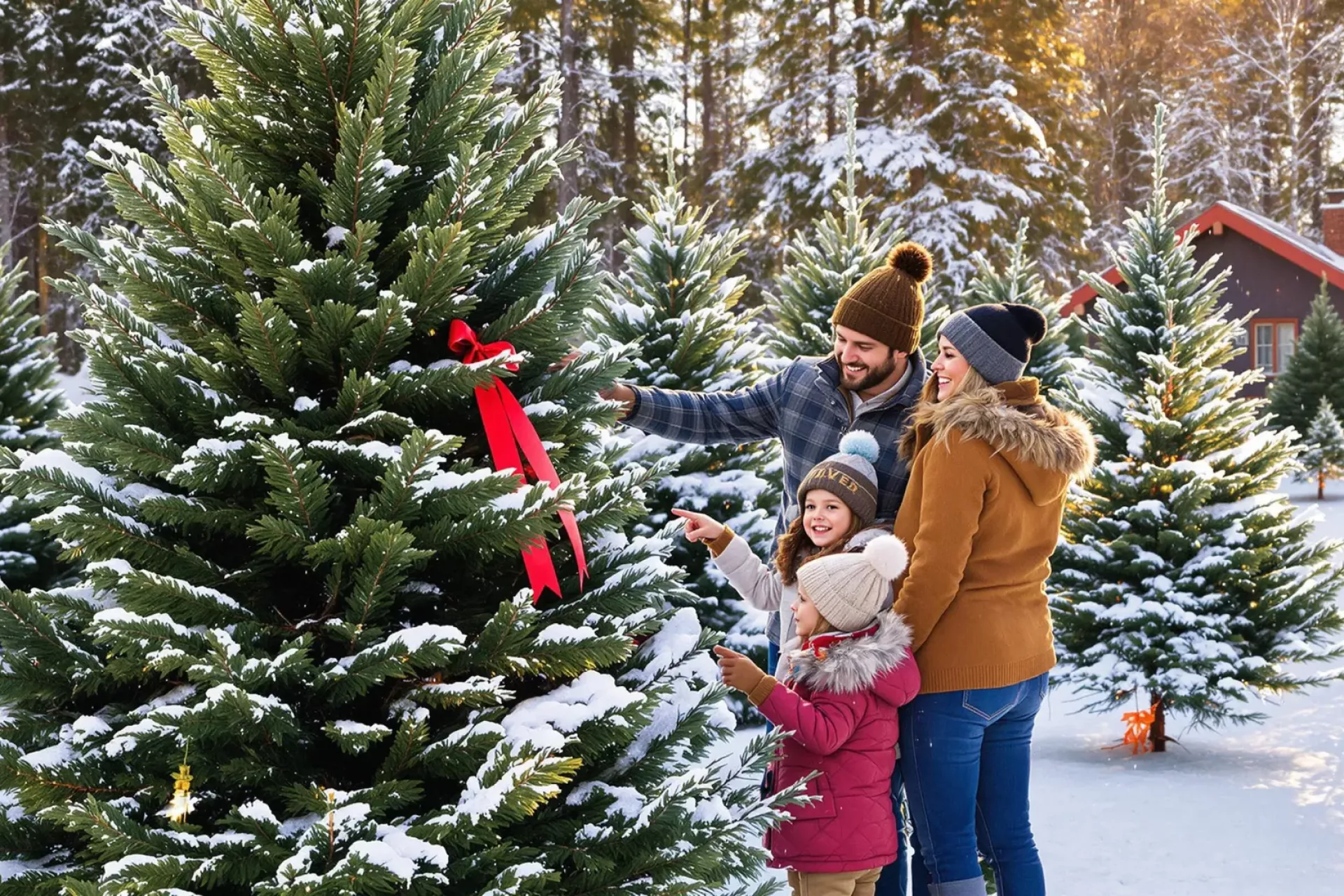 Famille qui va choisir son sapin de Noël