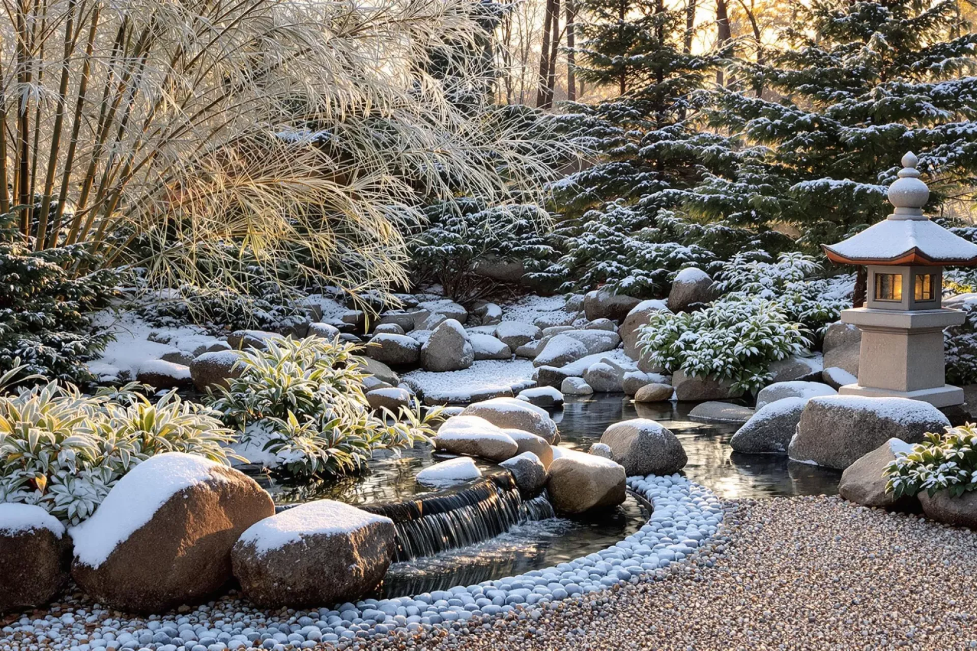 Un jardin zen recouvert d'une fine couche de neige