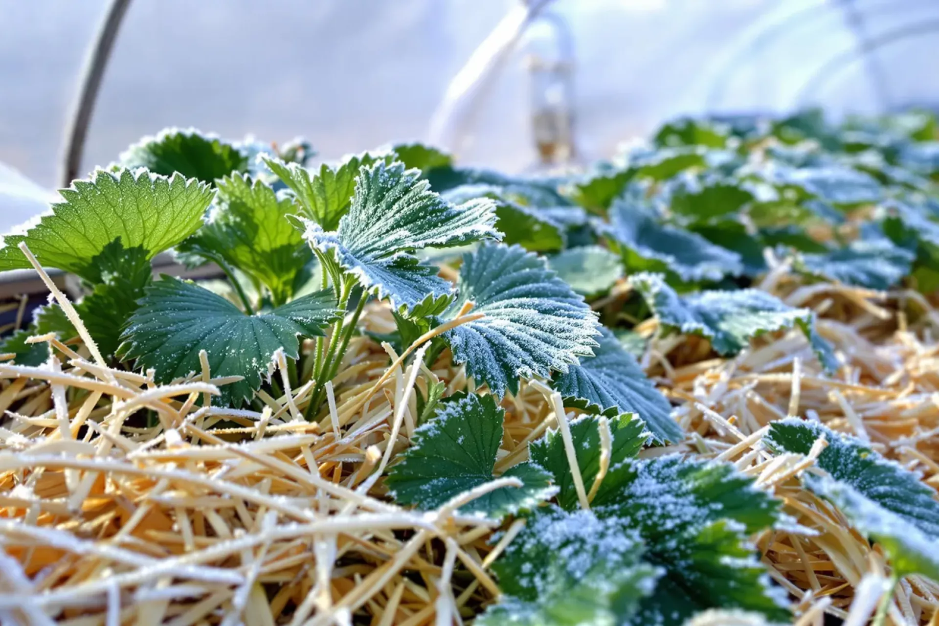 Photo sous une serre de plan de fraisiers protégés avec de la paille