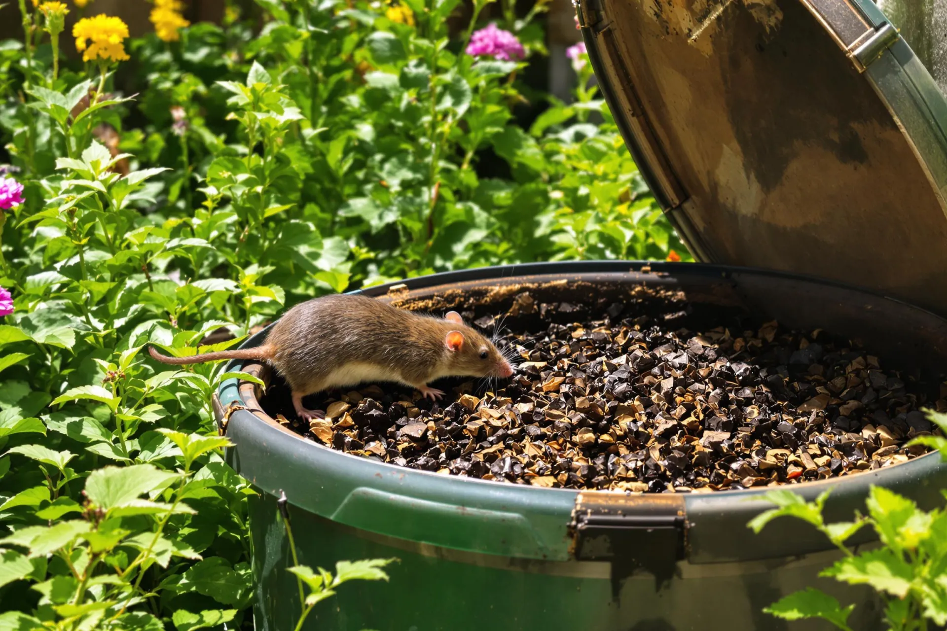 Un rat curieux explore un bac à compost dans un jardin verdoyant.