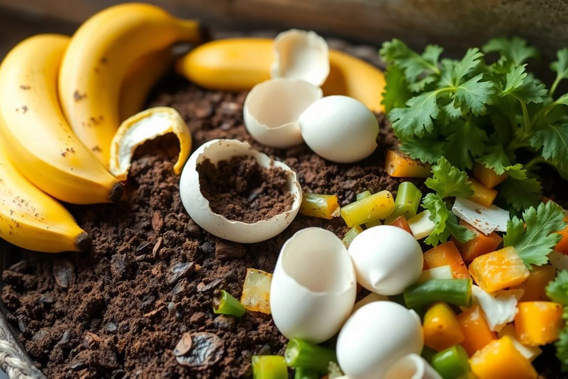 Compost de cuisine avec marc de café, peaux de banane et coquilles d'œufs