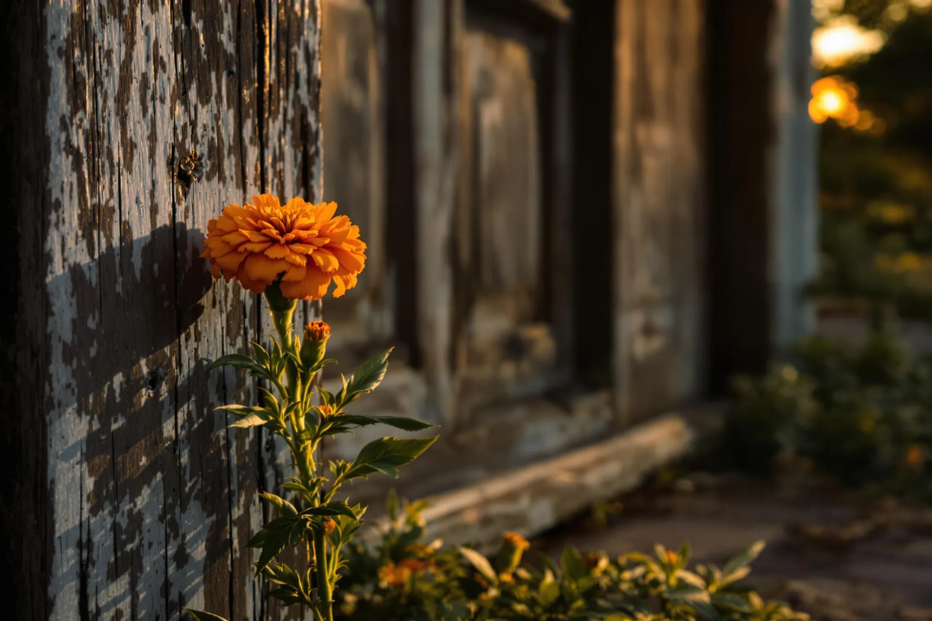 Un œillet d'Inde orange vif près d'une porte en bois rustique.