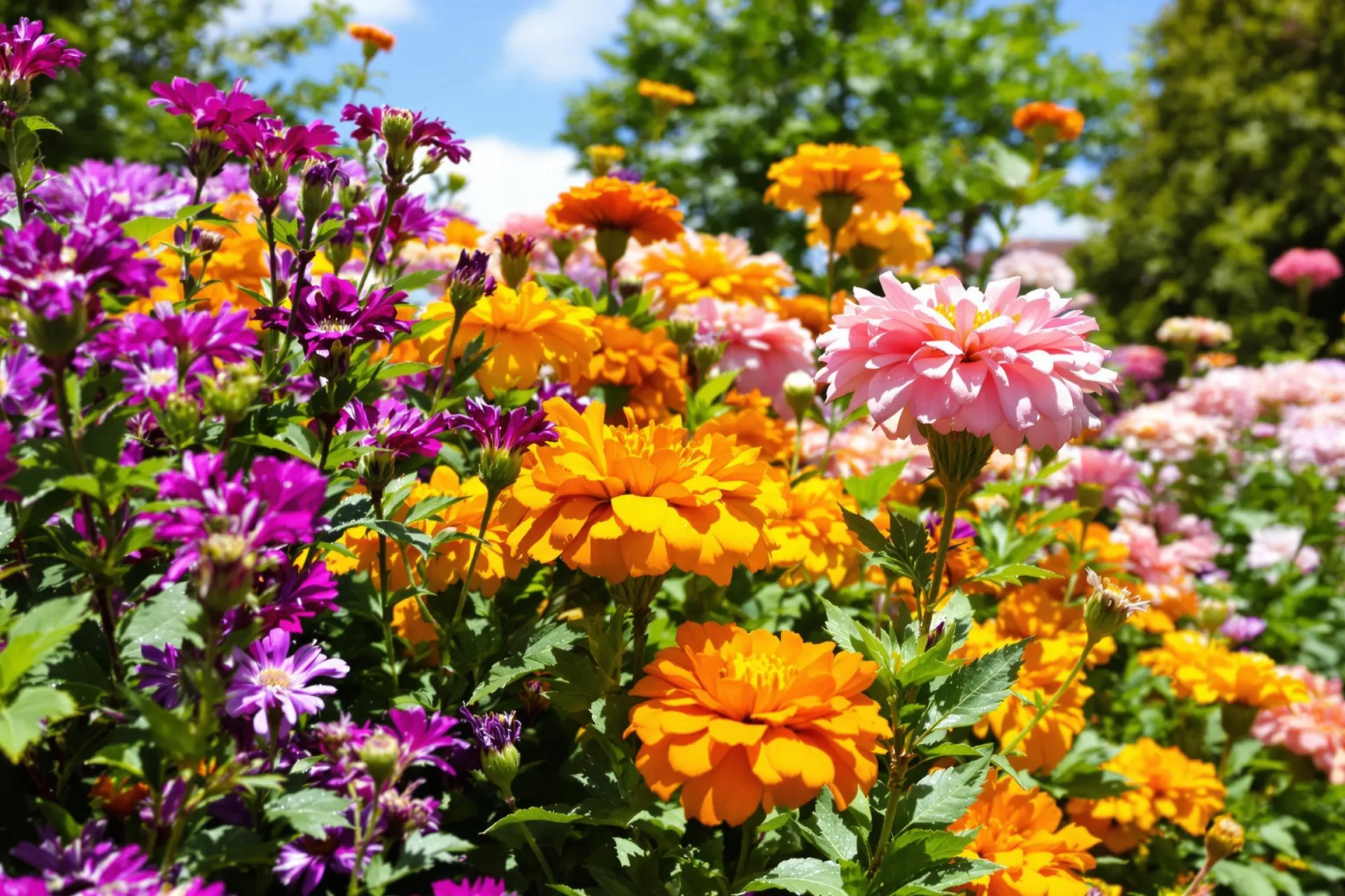 Une scène de jardin avec des asters, des soucis et des chrysanthèmes en pleine floraison.