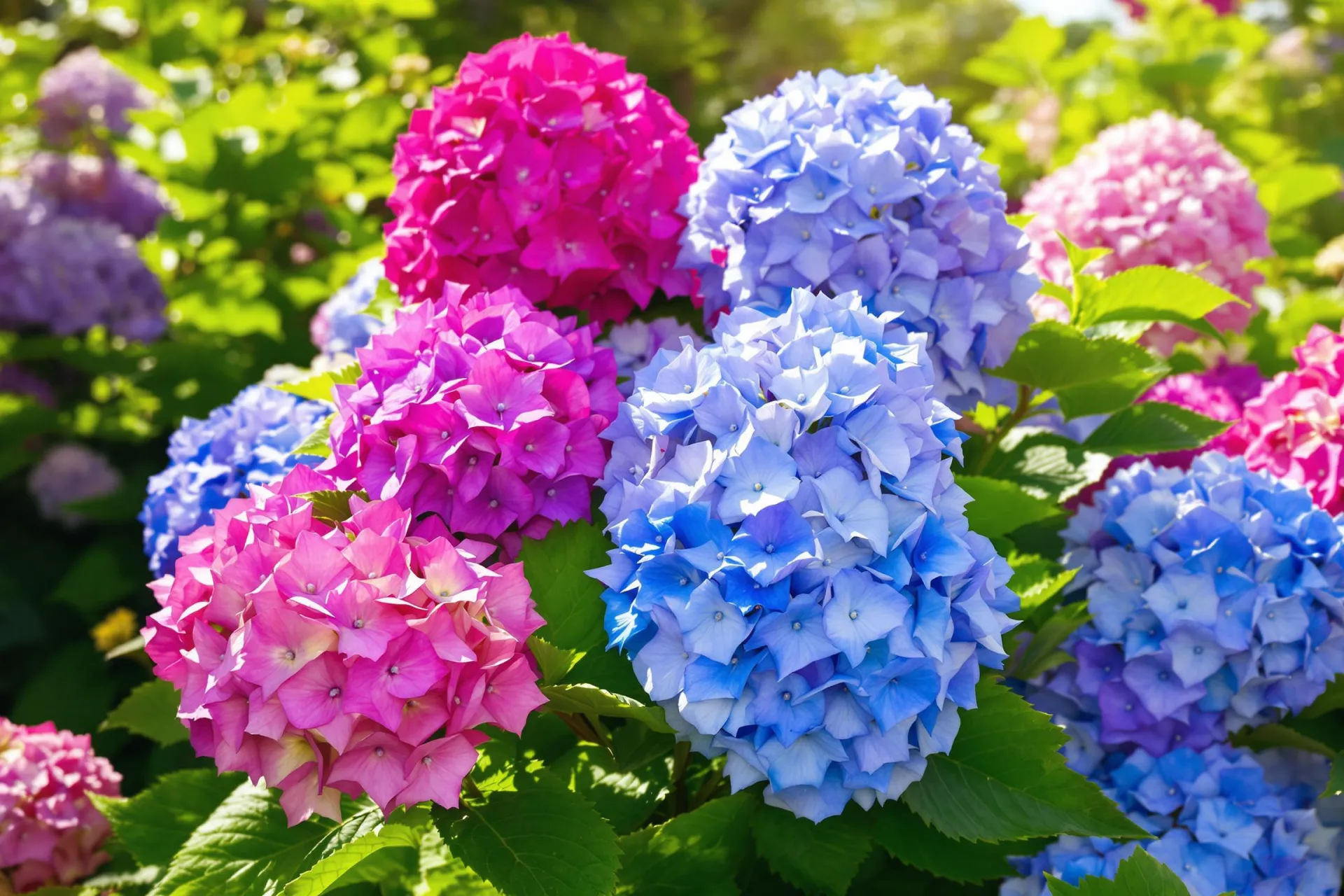 Un gros plan d'hortensias en pleine floraison dans un jardin verdoyant.