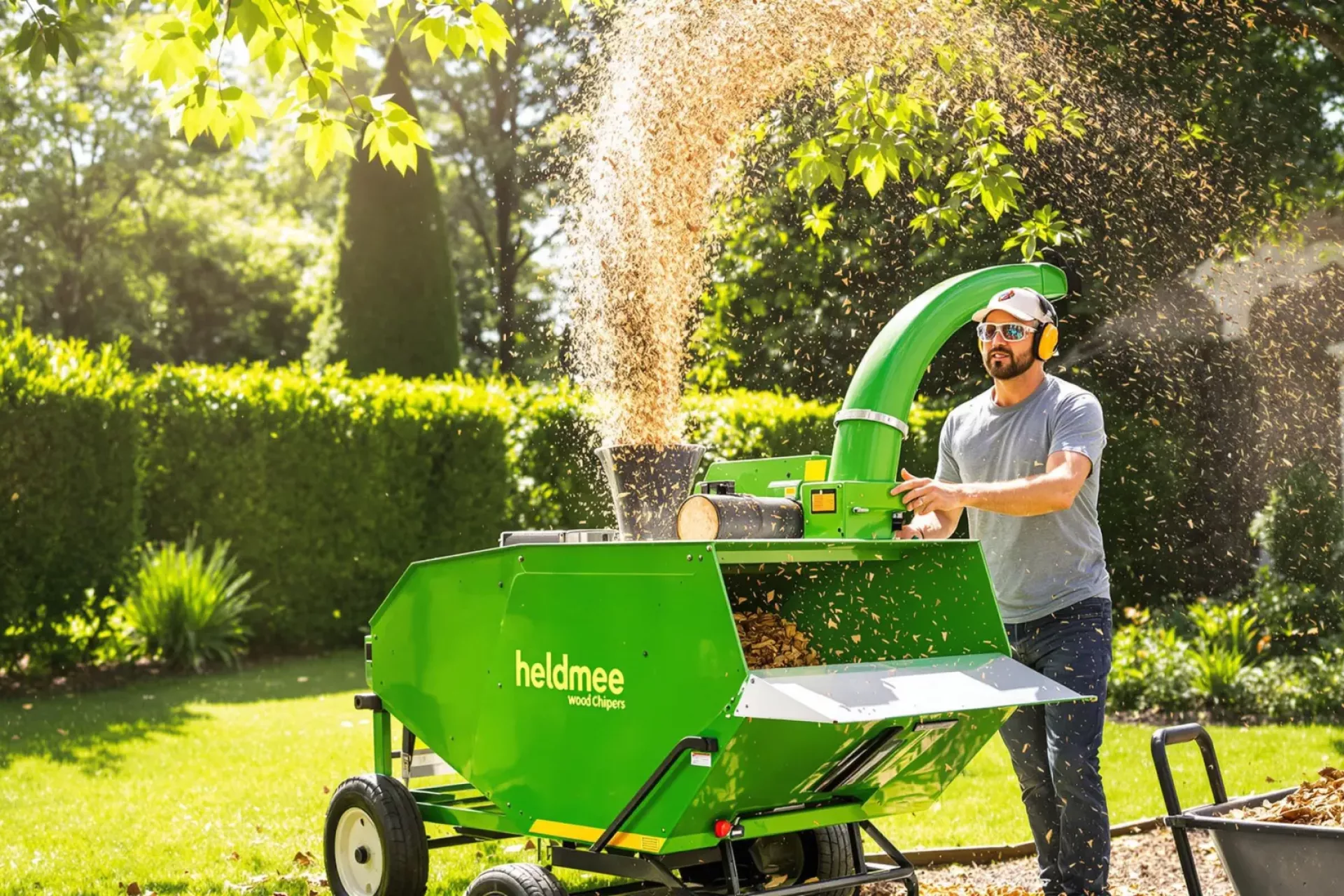 Un homme utilisant un broyeur de végétaux dans son jardin