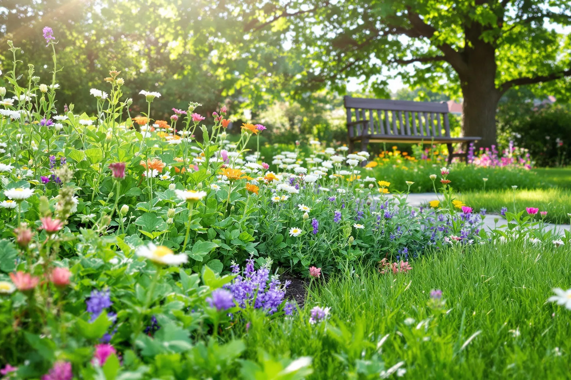 Un jardin en été avec un mélange de trèfle et de fleurs sauvages vibrant.