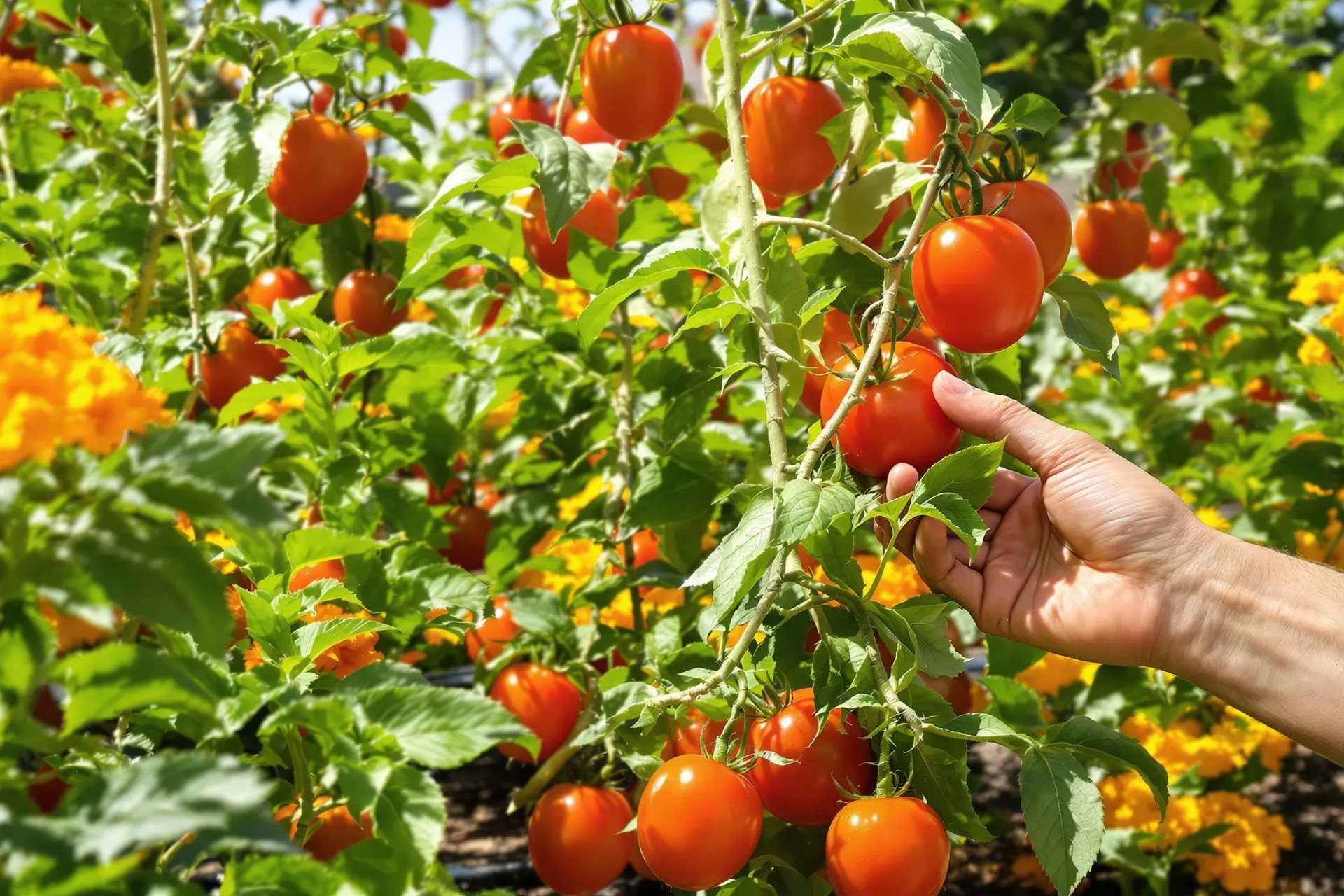 Un jardin de tomates prospère avec des plantes compagnes sous la lumière du soleil.