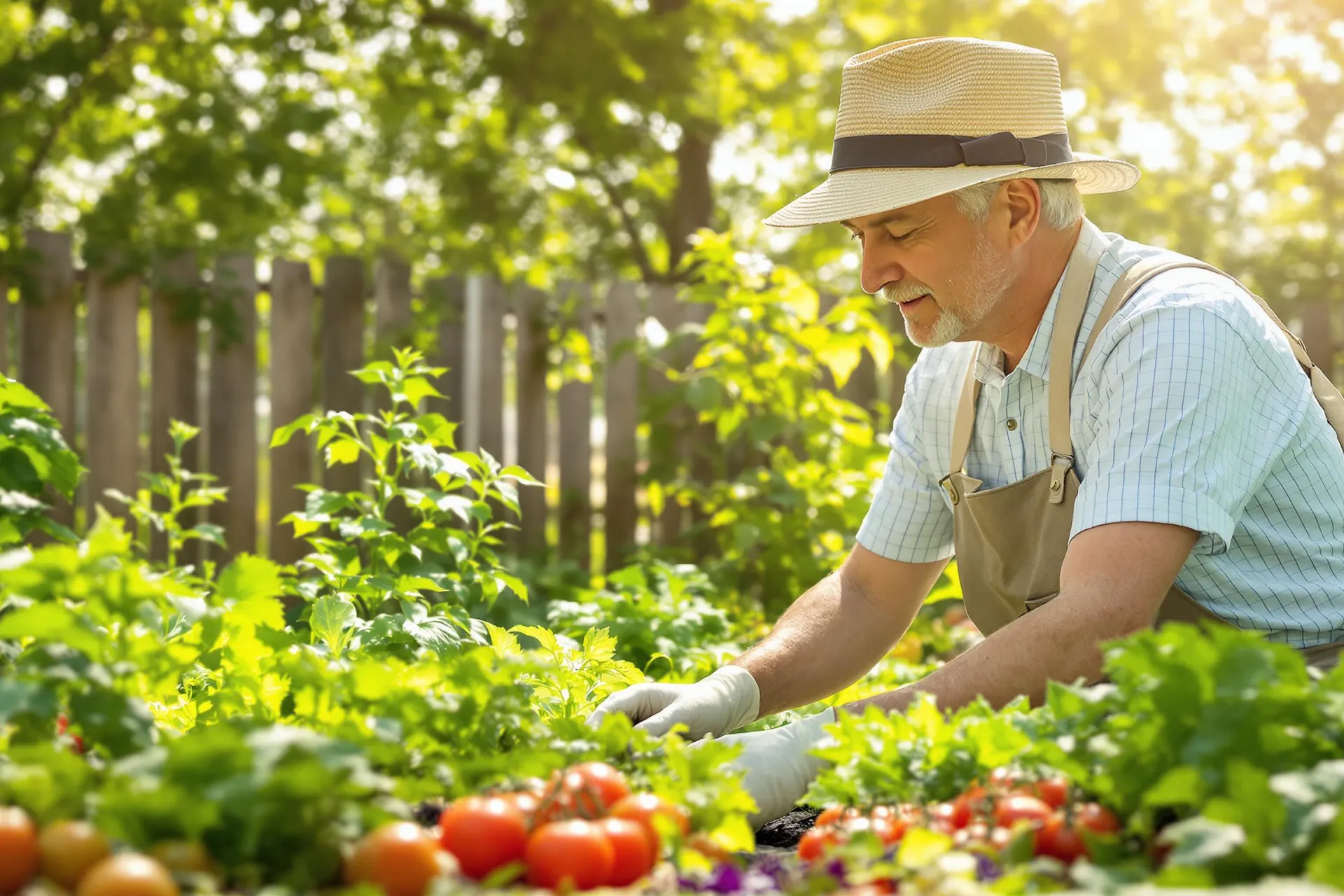 Une personne jardinant paisiblement dans un potager luxuriant sous un soleil doux.
