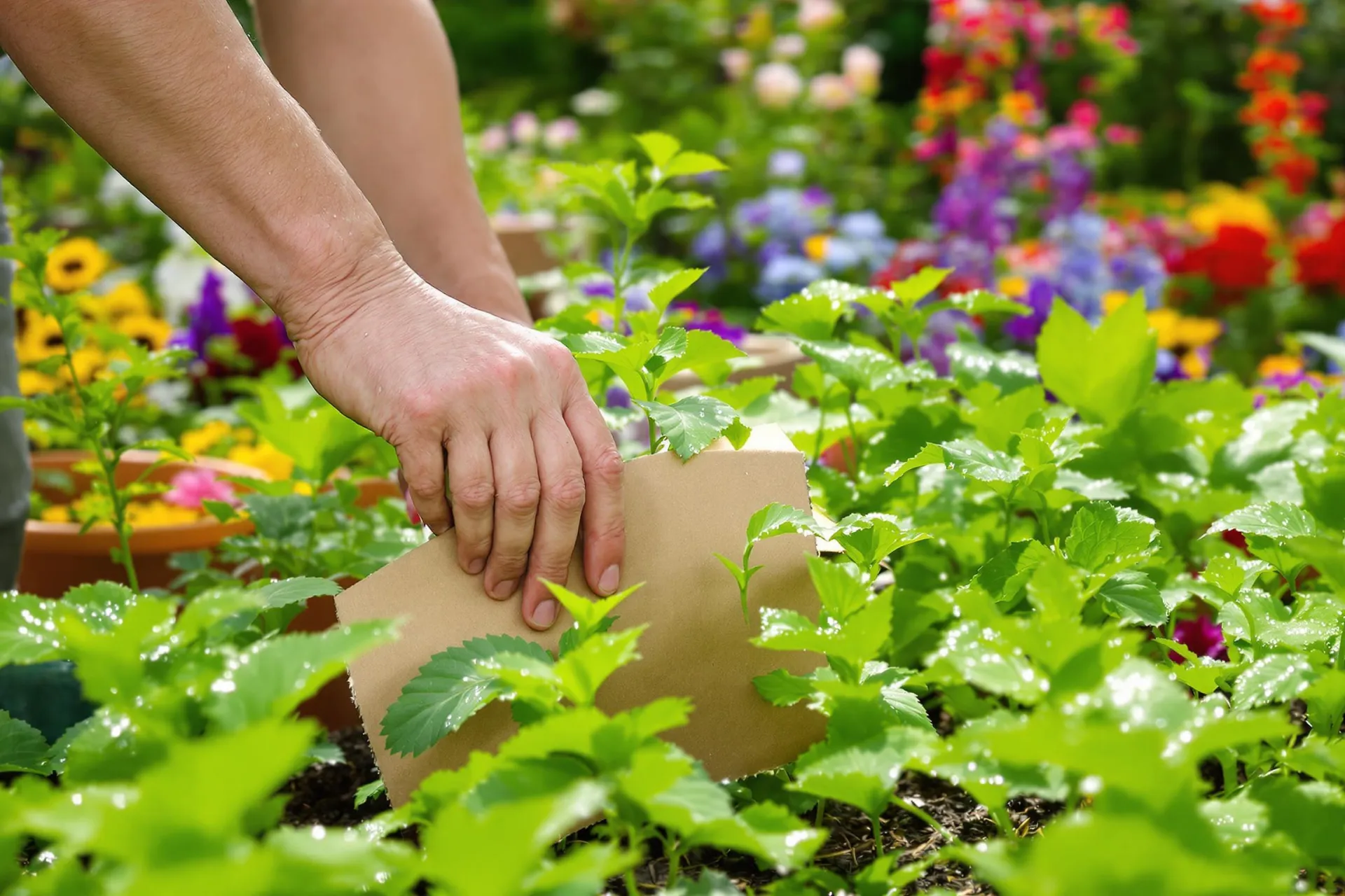 Un jardinier utilise du carton pour protéger les plantes des limaces dans un jardin.