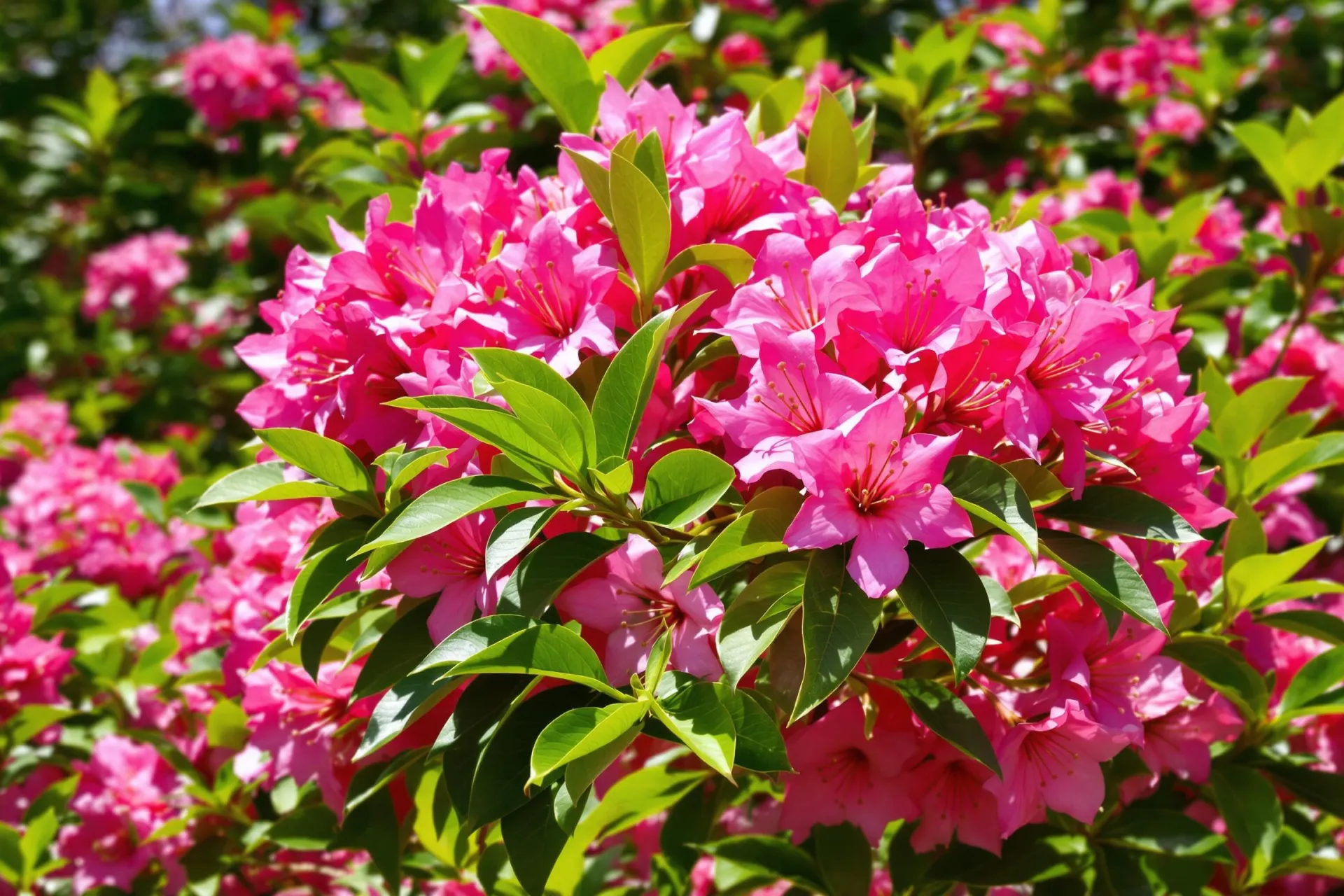 Un laurier-rose en fleurs avec des feuilles vertes et des fleurs roses sous le soleil.