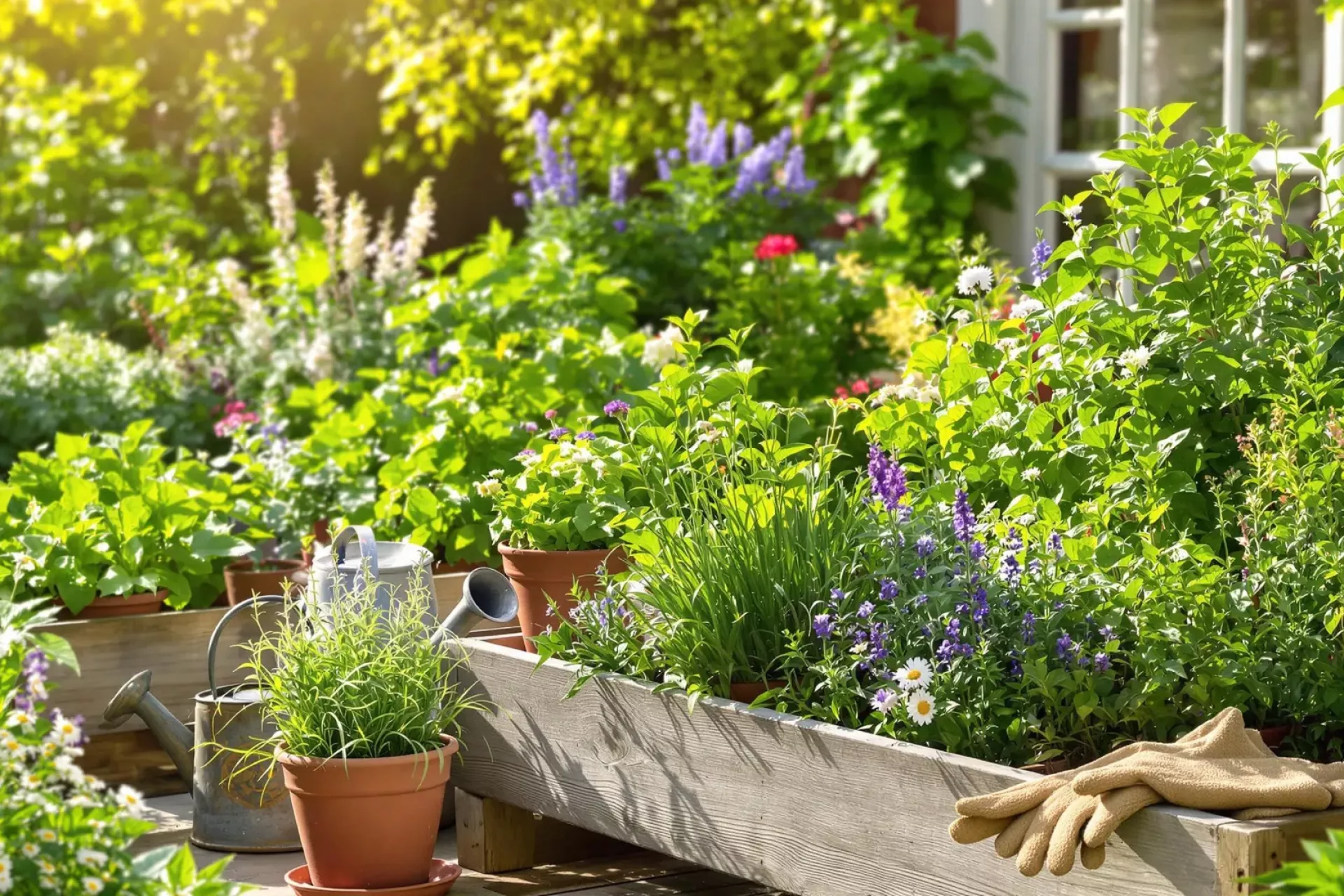 Un coin de jardin rempli de différentes herbes aromatiques en plein soleil