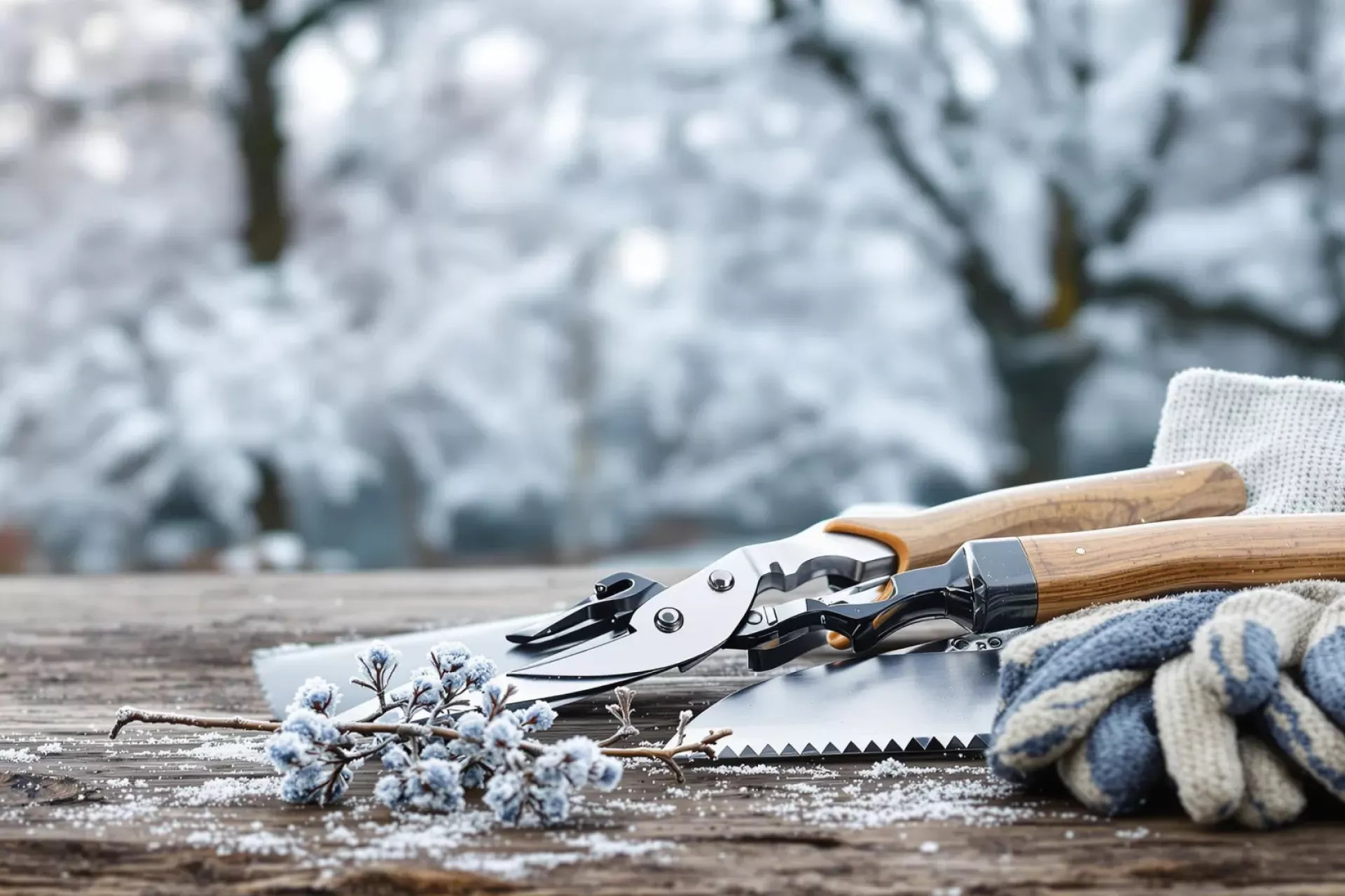 Outils et gants de jardinage posés sur une planche à l'extérieur