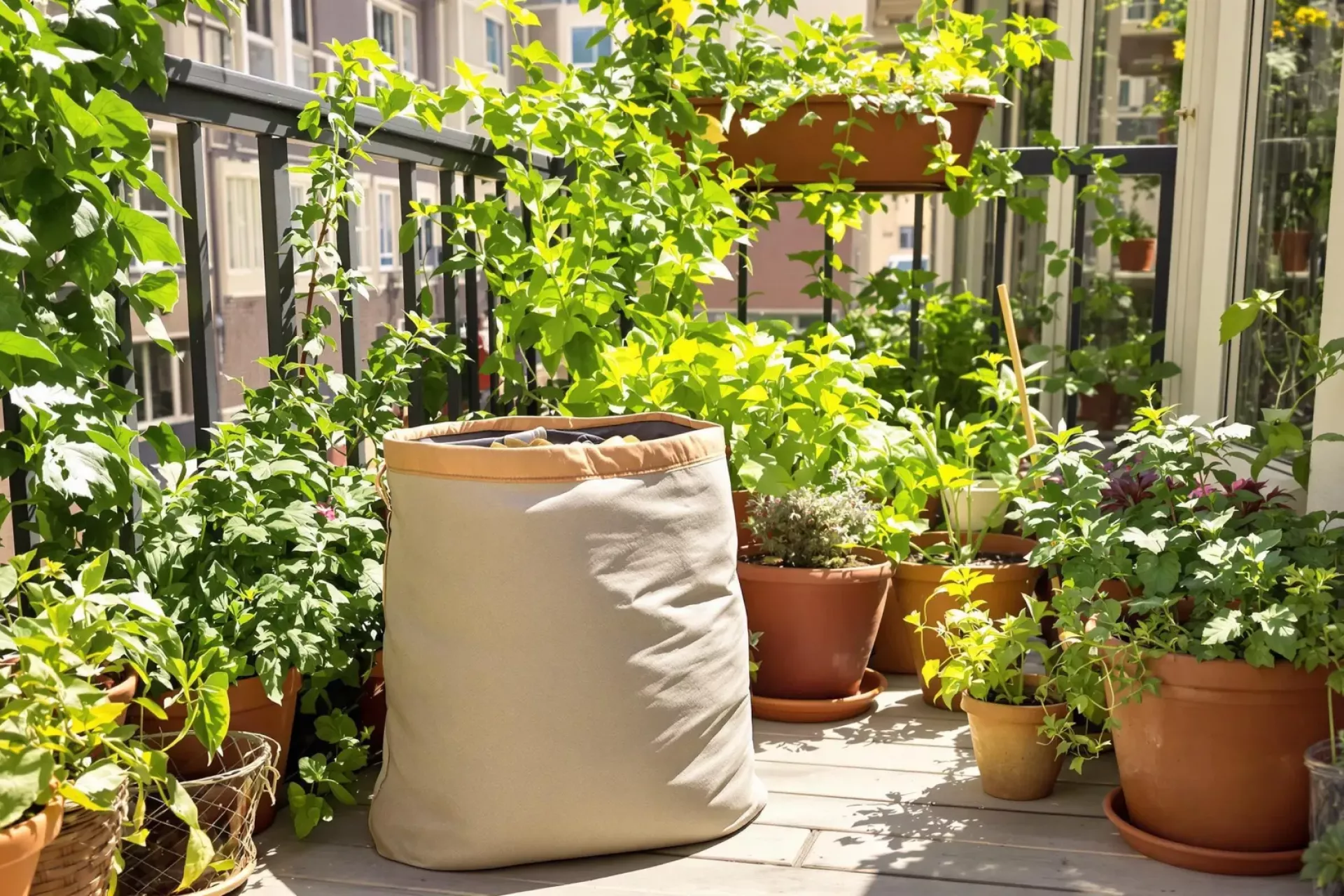 Un sac à compost posé sur un balcon en ville