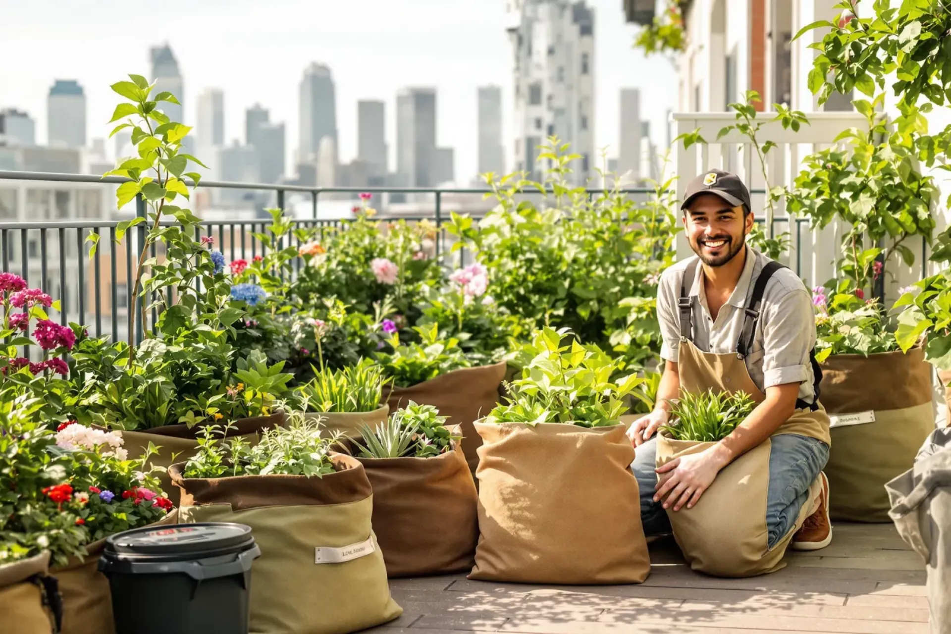 Un balcon aménager avec des plantes dans des sacs de jardinage