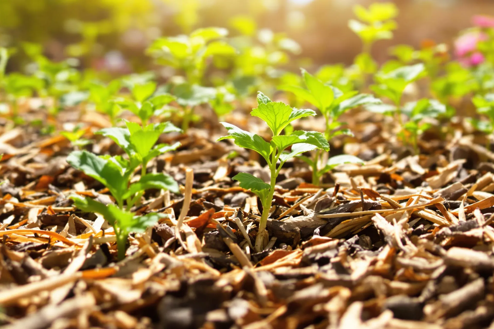Des jeunes plants émergent d'un paillage naturel en copeaux de bois et paille sous une lumière douce.