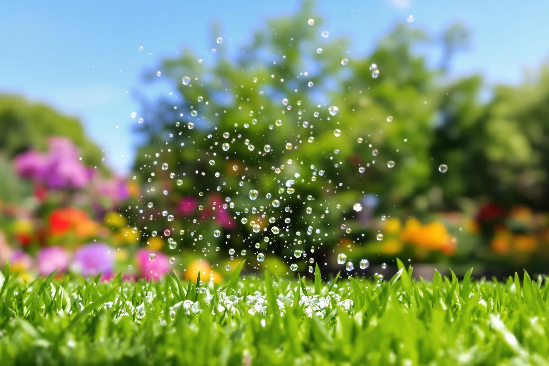 Une pelouse verte avec des granulés de sucre scintillants sous le soleil, entourée de fleurs.