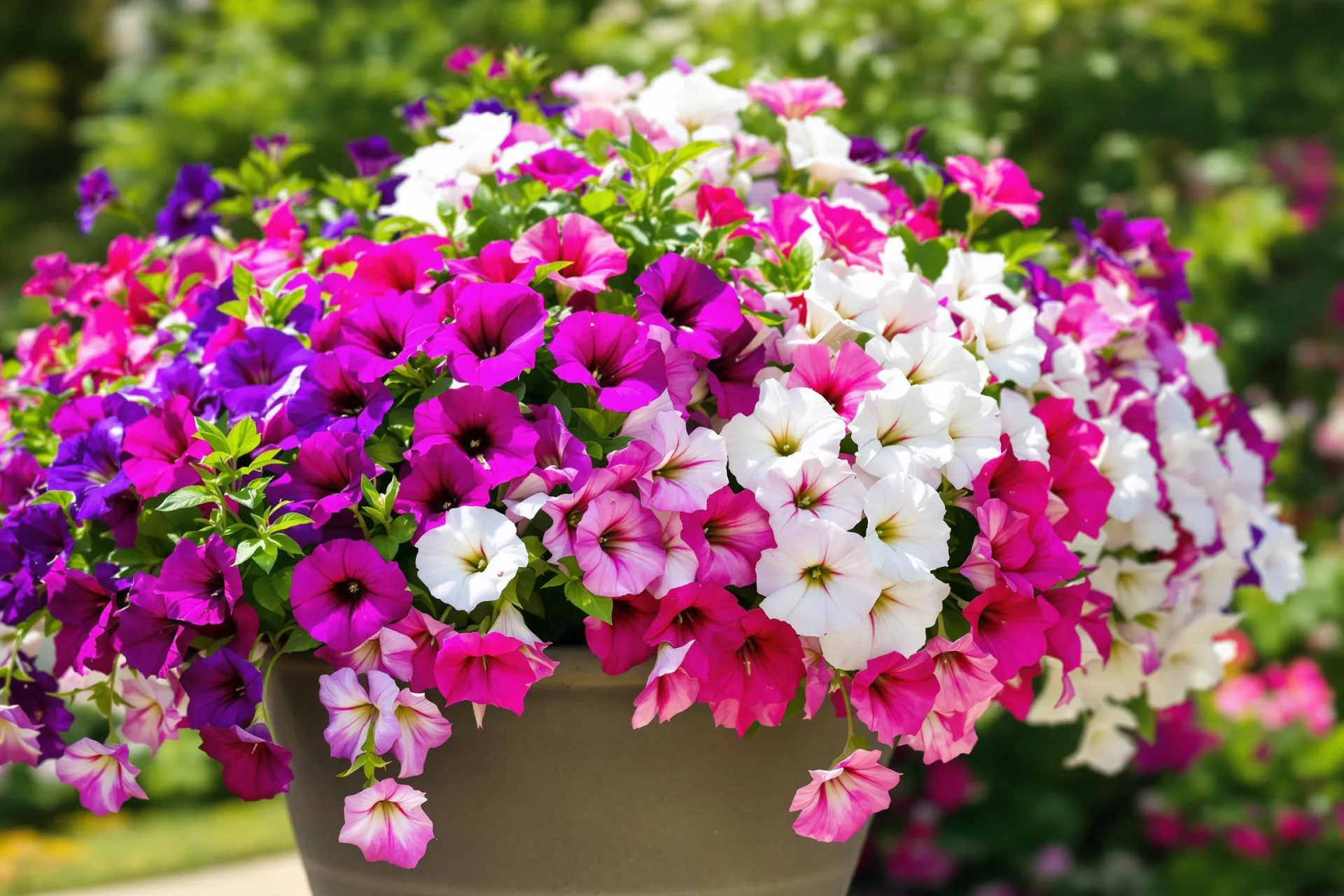 Des pétunias Surfinia en pleine floraison, cascades de couleurs vives dans une jardinière.