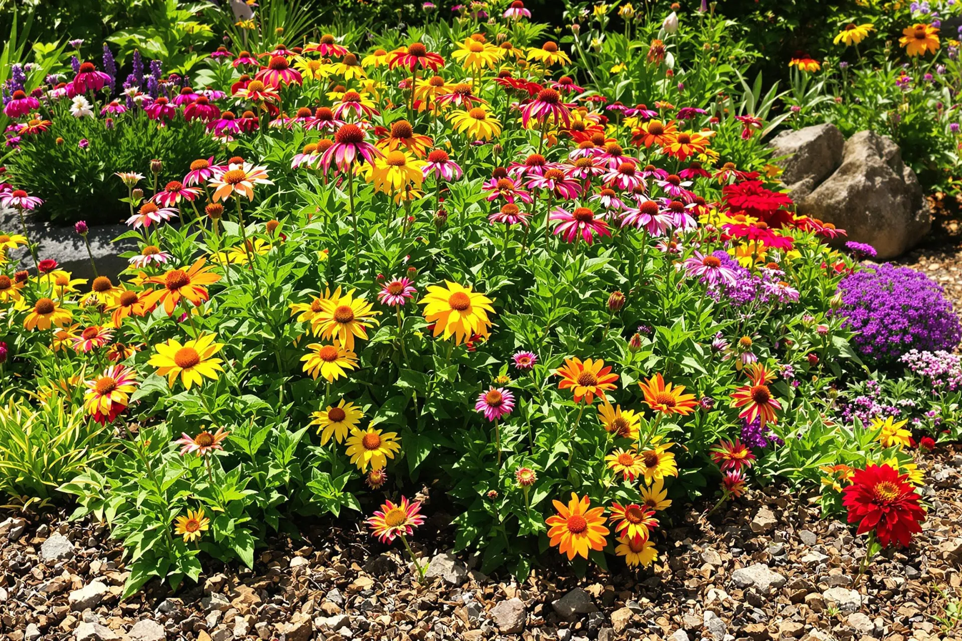 Une scène de jardin montrant des plantes vivaces colorées poussant dans un sol rocailleux.