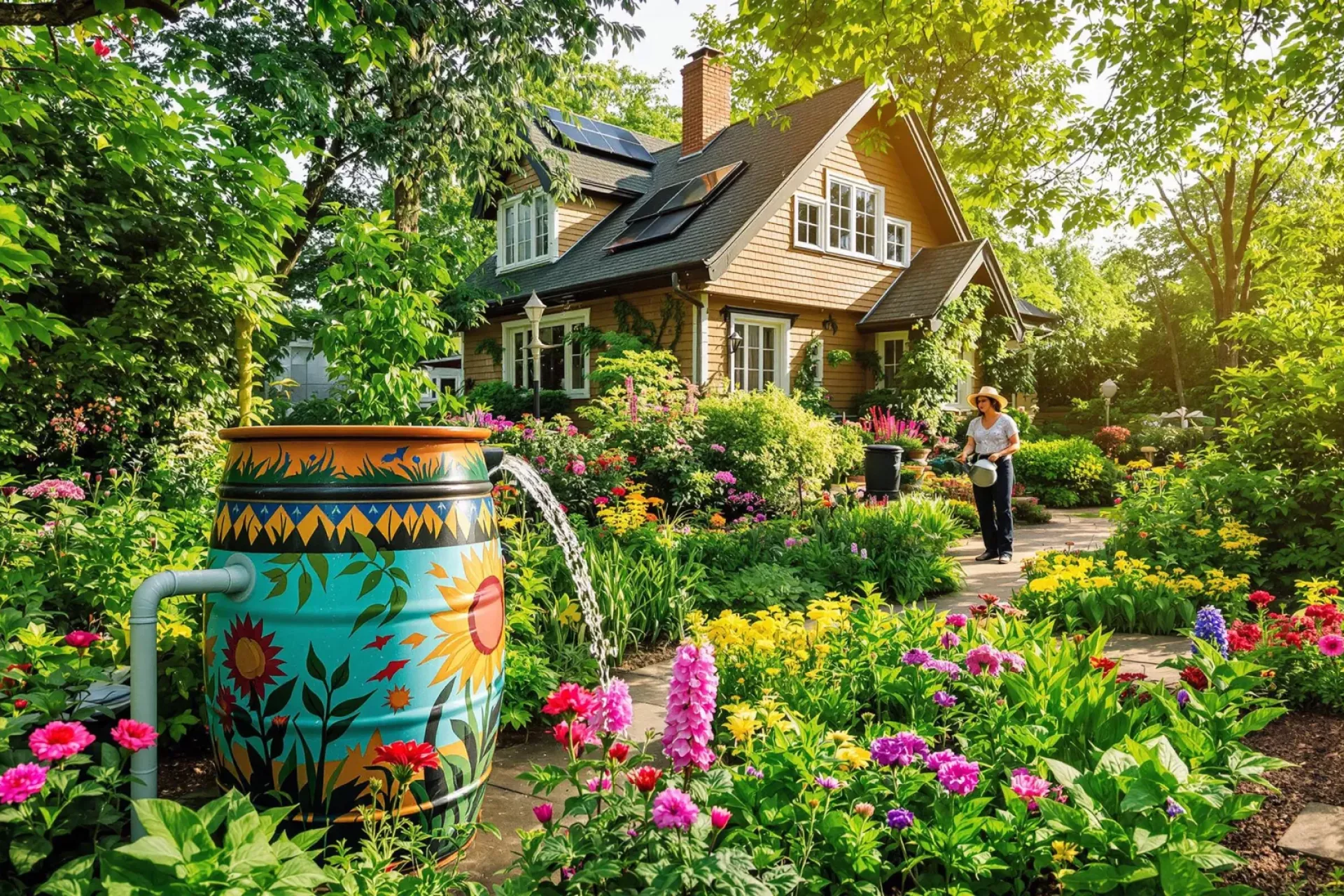 Photo d'un jardin estival avec récupérateur d'eau de pluie