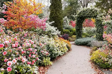 Une allée de jardin aménagée avec des arbustes fleuris et colorés en hiver