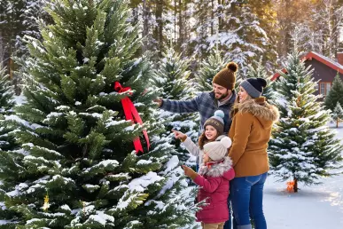 Famille qui va choisir son sapin de Noël