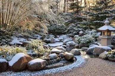 Un jardin zen recouvert d'une fine couche de neige