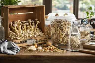Une table avec des champignons blancs dans différents contenant