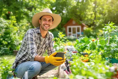 Un homme qui s’apprête à planter un plant de légume dans son potager