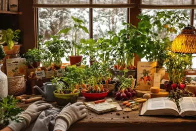 Un établi de jardinier avec des légumes en intérieur