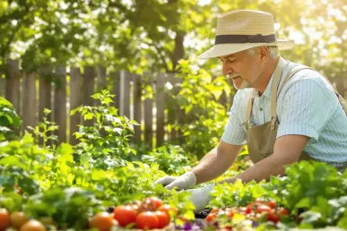Une personne jardinant paisiblement dans un potager luxuriant sous un soleil doux.