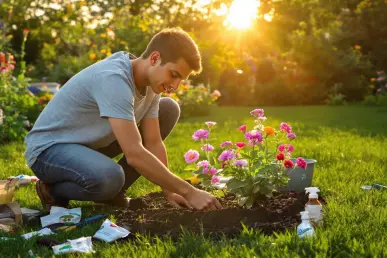 Un jeune jardinier débutant plante des fleurs dans un jardin ensoleillé.