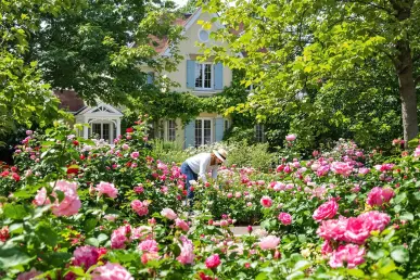 Un jardinier entretient tranquillement des parterres de fleurs sous le soleil dominical.