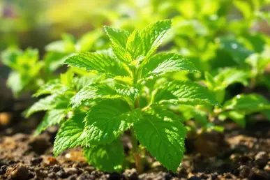Un plant de menthe luxuriant avec des feuilles vertes scintillantes de rosée matinale.