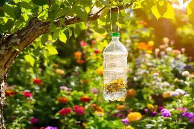 Un piège à frelons asiatiques fait maison suspendu dans un jardin verdoyant.