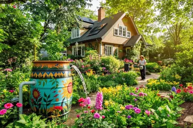 Photo d'un jardin estival avec récupérateur d'eau de pluie