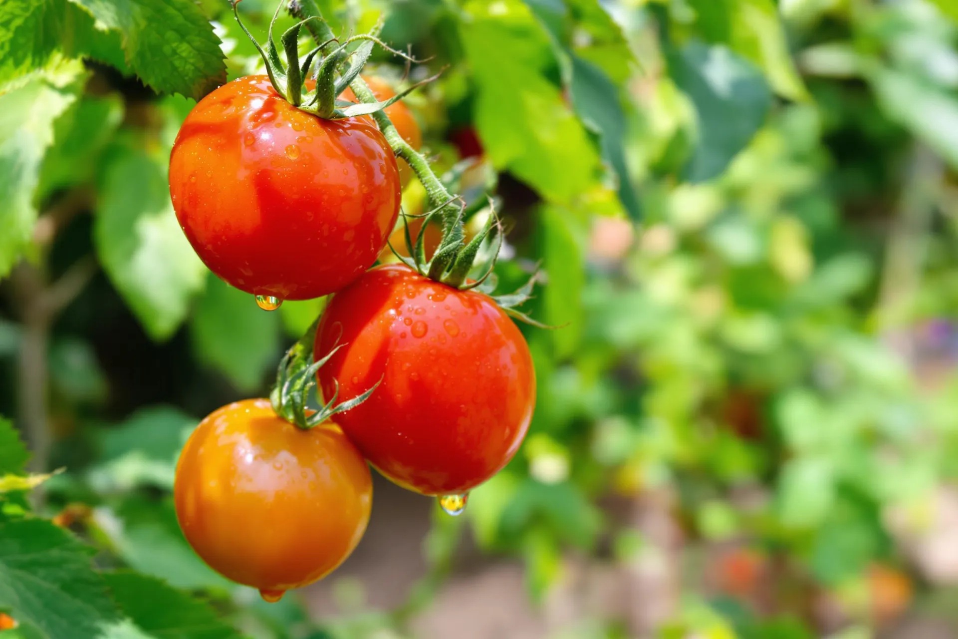Un plant de tomates avec des fruits mûrs et des gouttelettes d'eau sur les tomates.