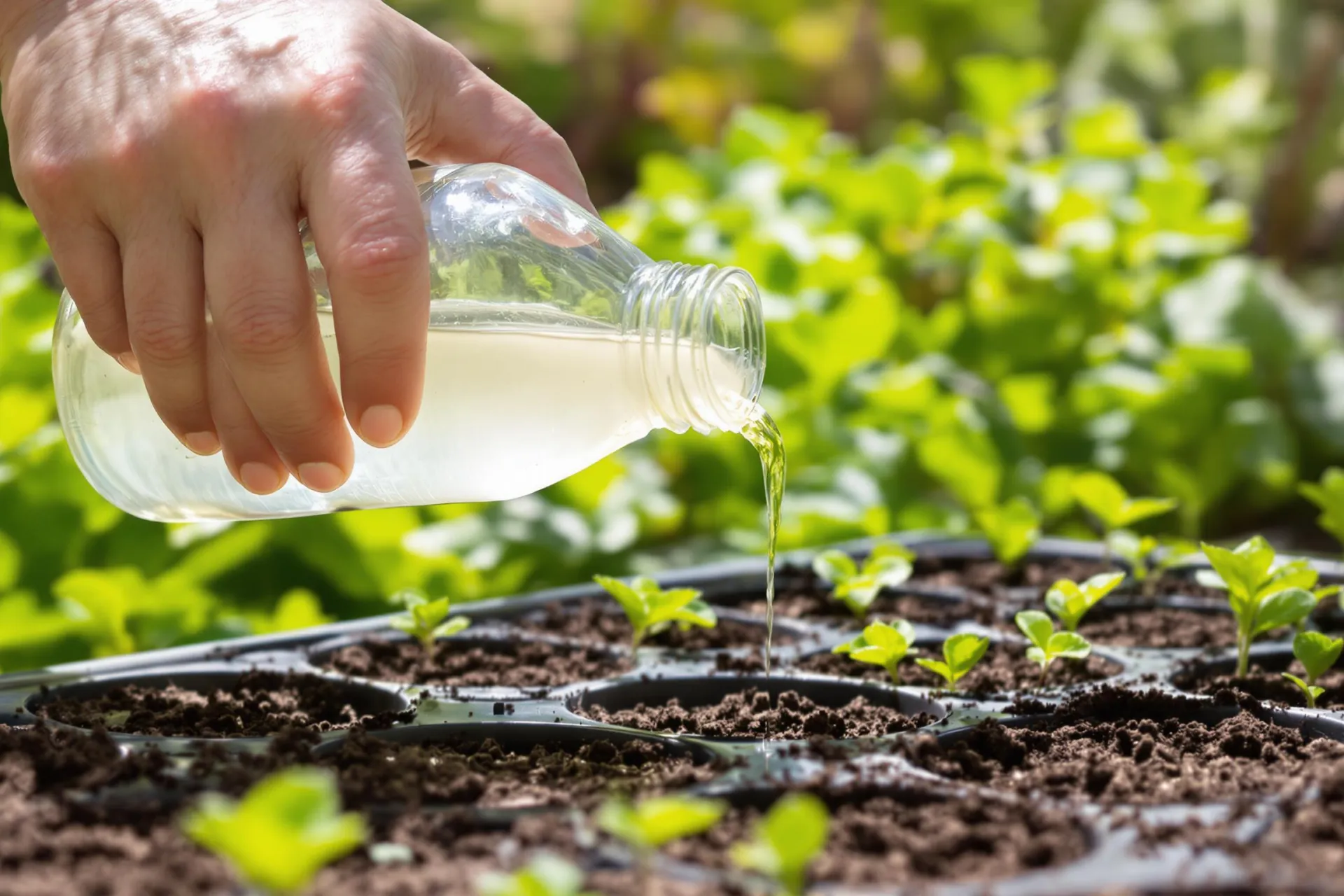 Une main de jardinier verse du vinaigre sur des pots de semis dans un jardin.